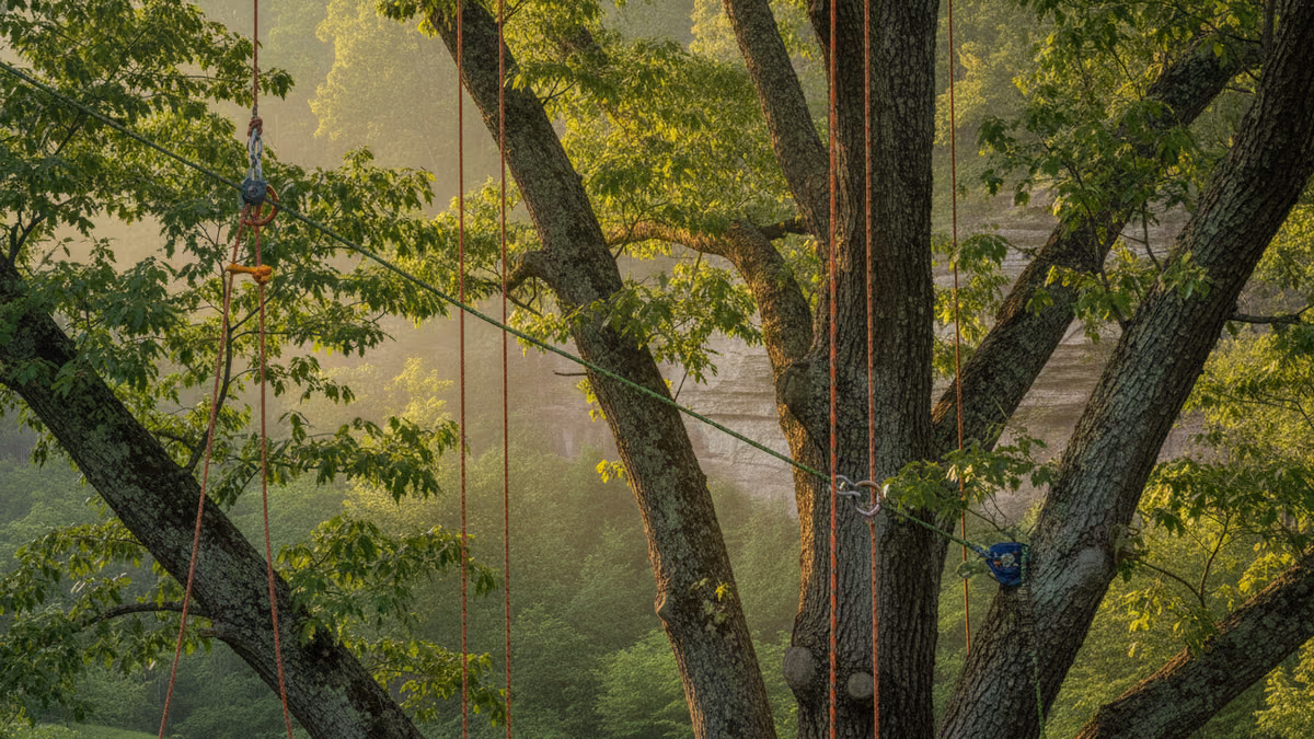 Orange rigging lines running through a mature hardwood canopy in warm light