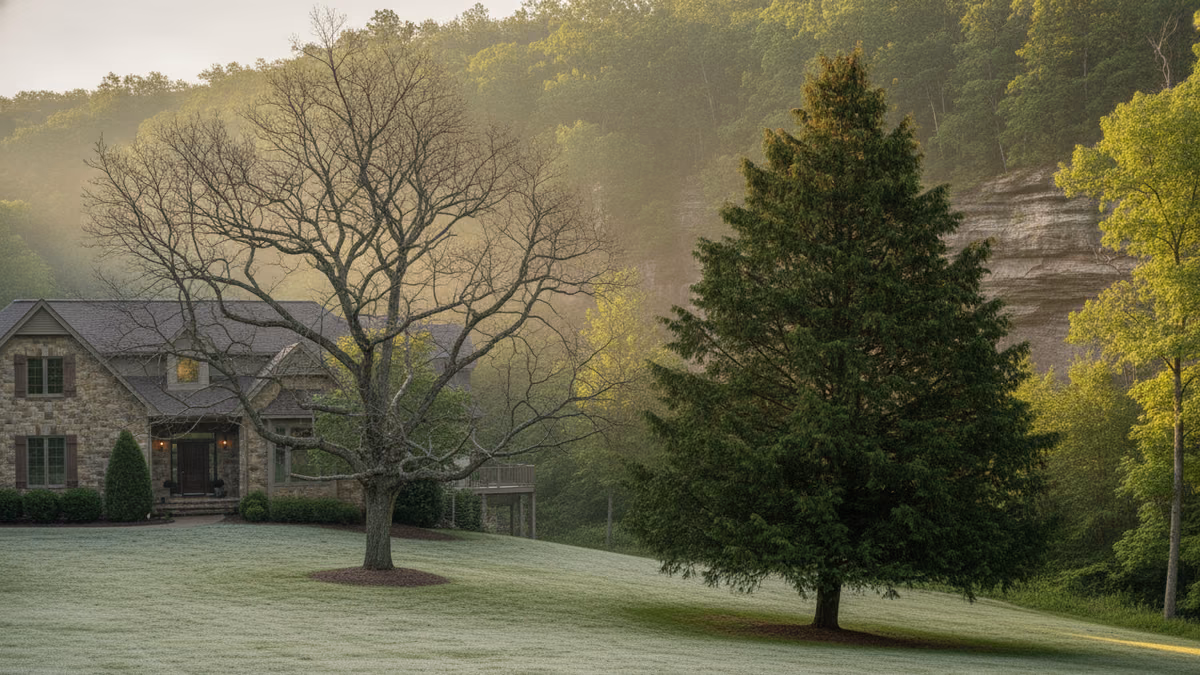 Bare-branched winter hardwood silhouette beside an evergreen in soft light