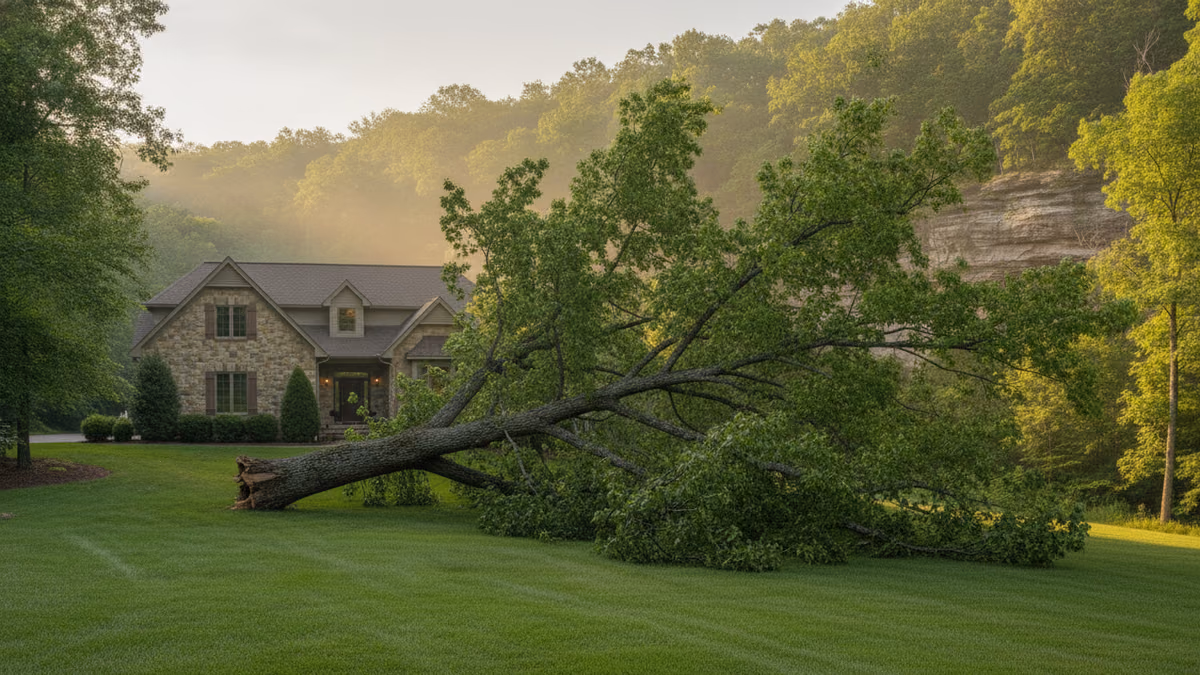 Large fallen tree lying across a residential lawn beside an untouched house