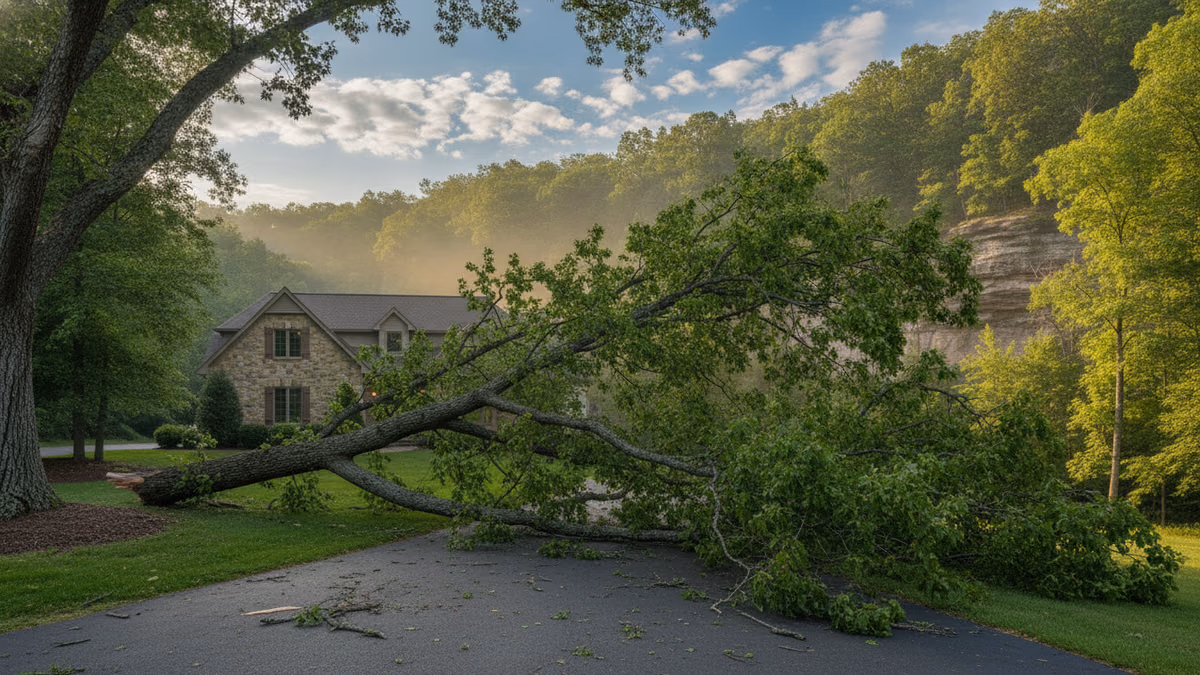 Storm-downed limb on a driveway with clearing sky, house unharmed in background