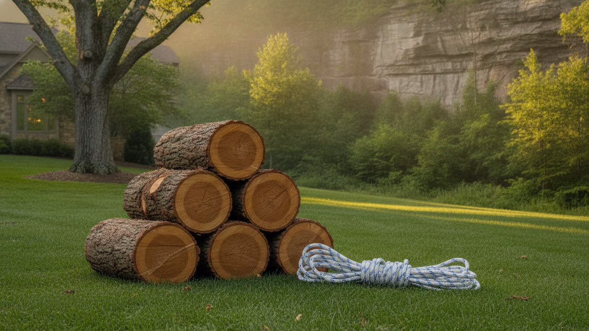 Stacked cut tree rounds with a coiled rigging rope staged on a lawn
