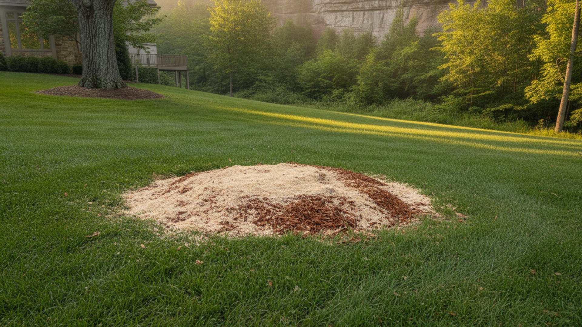 Fresh mound of pale stump grindings filling a neat below-grade hollow in a lawn