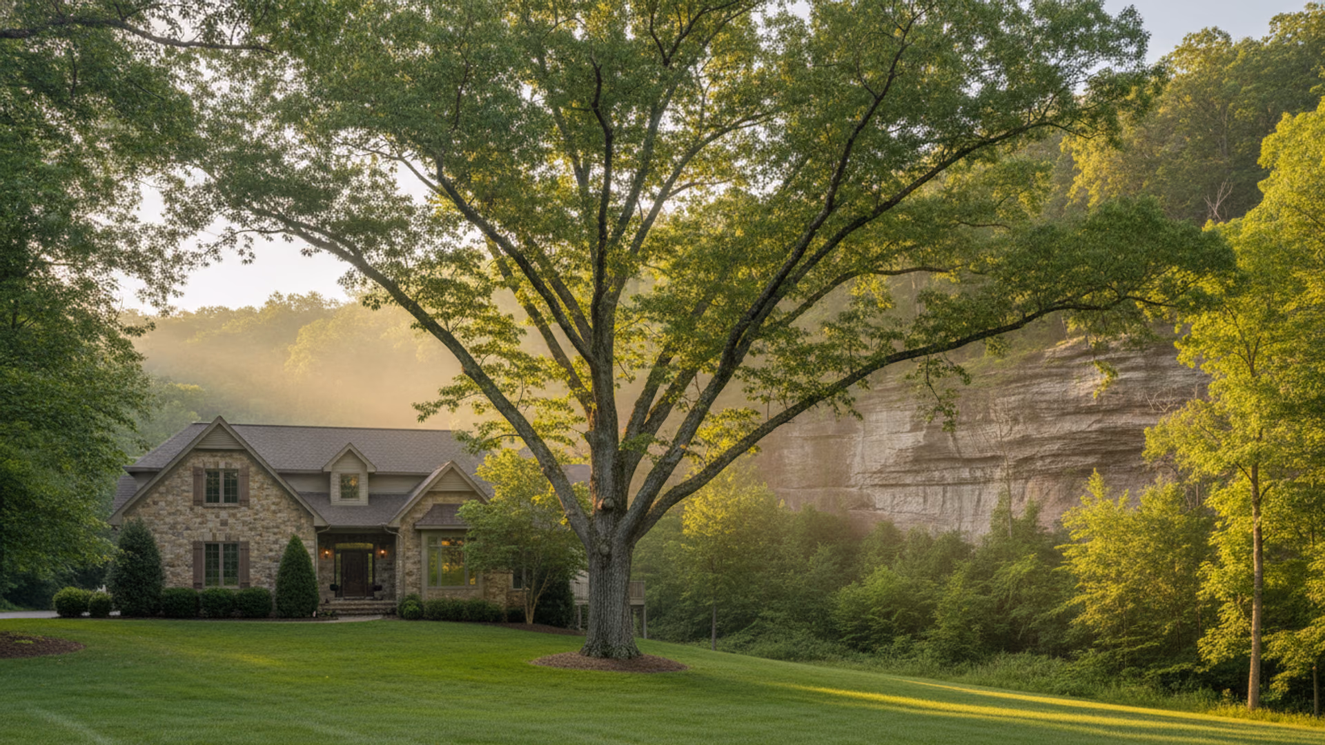 Well-maintained residential yard beneath a mature oak with a clean, balanced canopy in the Hocking Hills