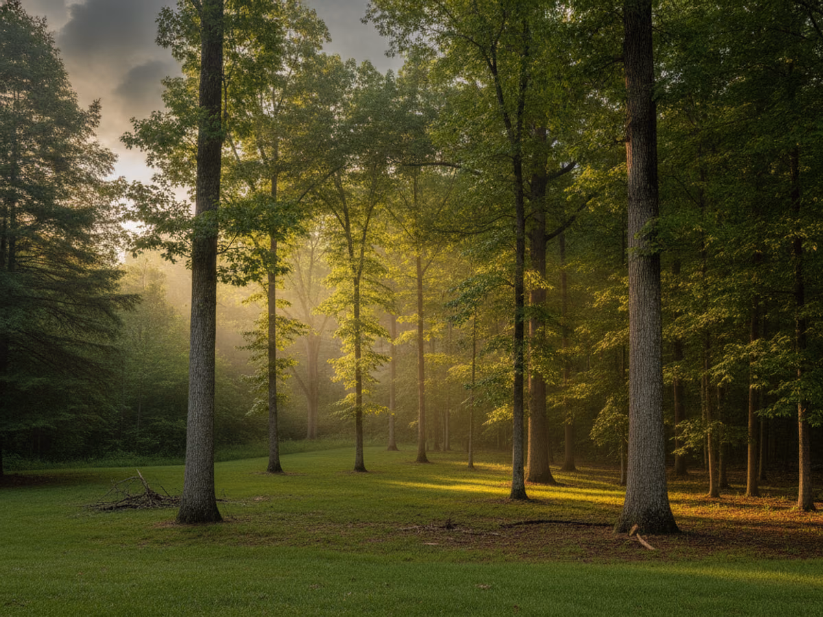 Dramatic clearing storm sky over an intact wooded backyard