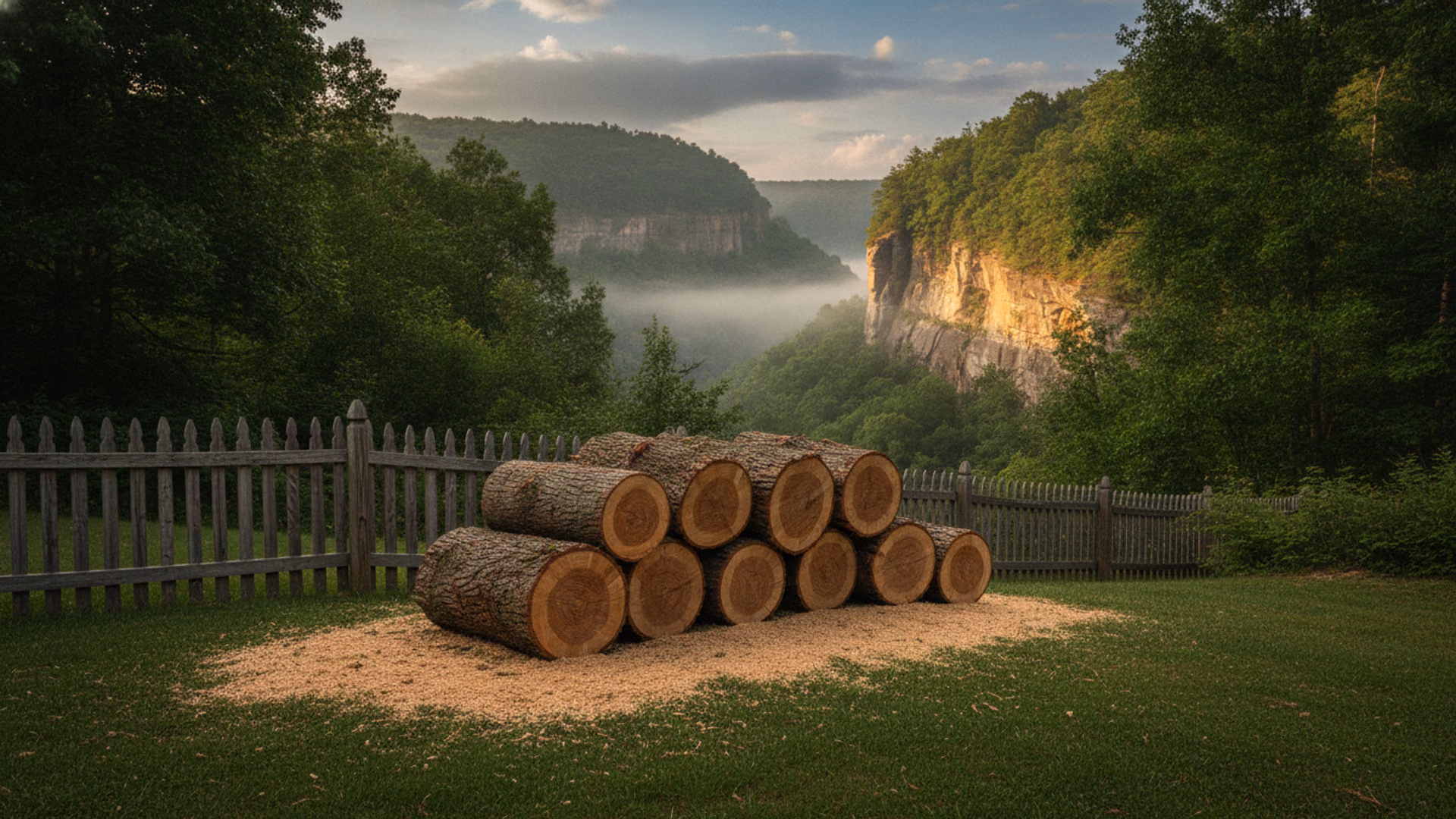 Storm-fallen limb bucked into clean rounds and stacked beside an unharmed fence as skies clear