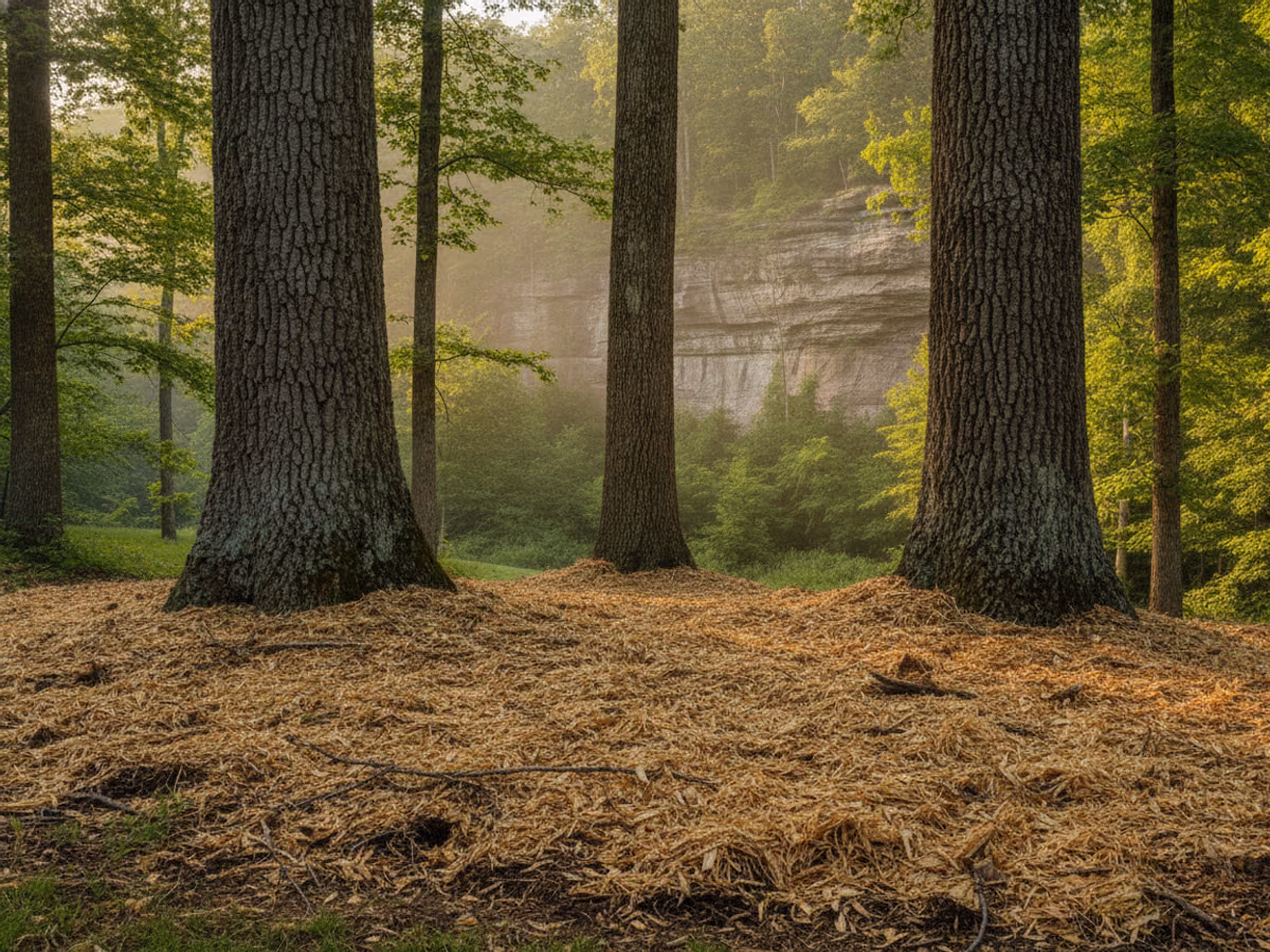 Fresh forestry mulch ground cover meeting standing timber