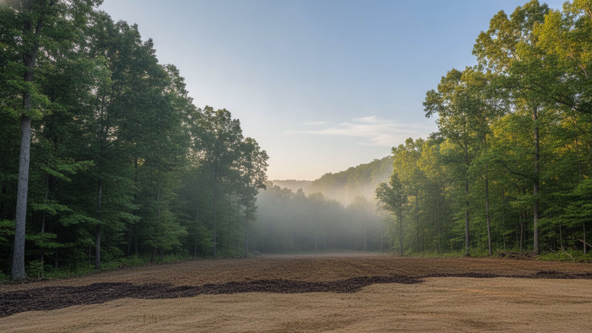 Cleanly cleared lot edge with mulched ground meeting a preserved tree line