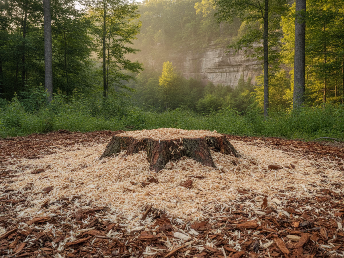 Wood-chip carpet texture where a stump was ground below grade