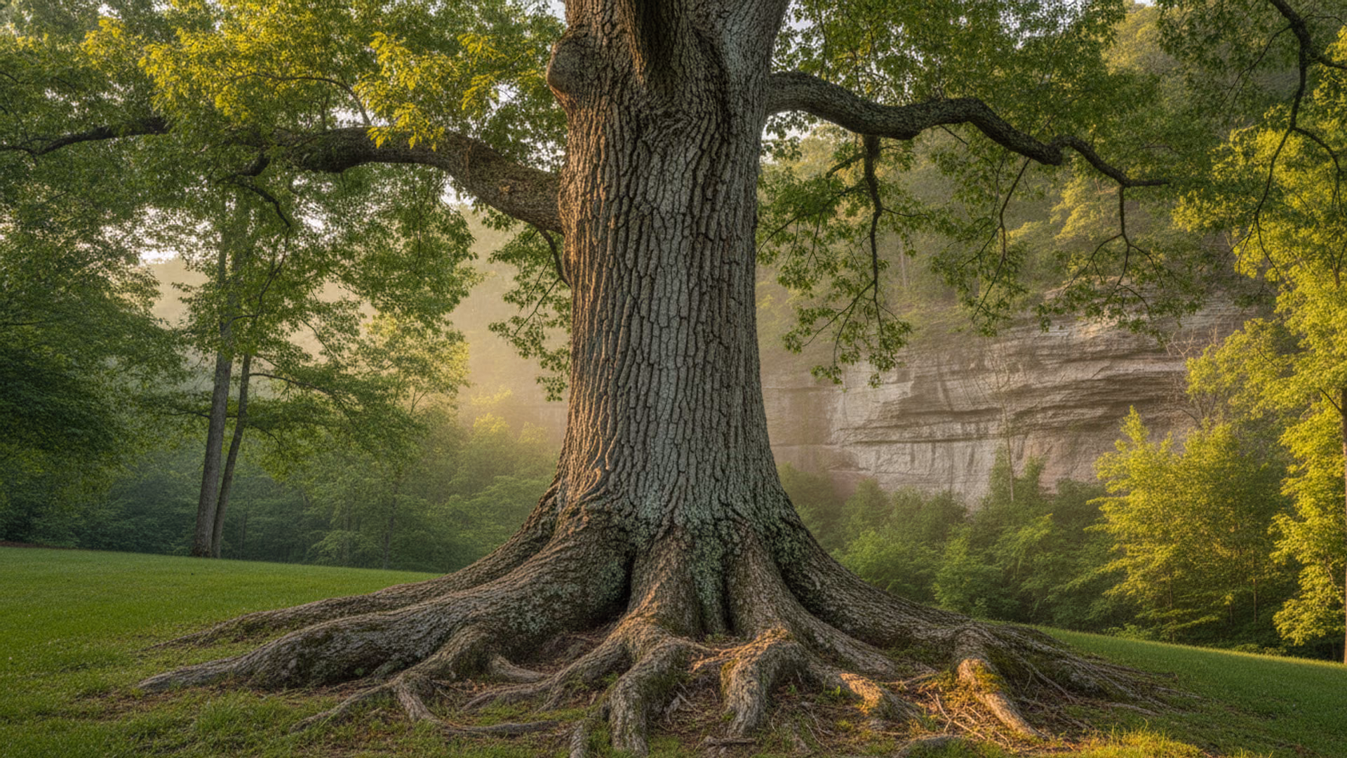 Healthy root flare and trunk bark of a mature hardwood with young leaves overhead