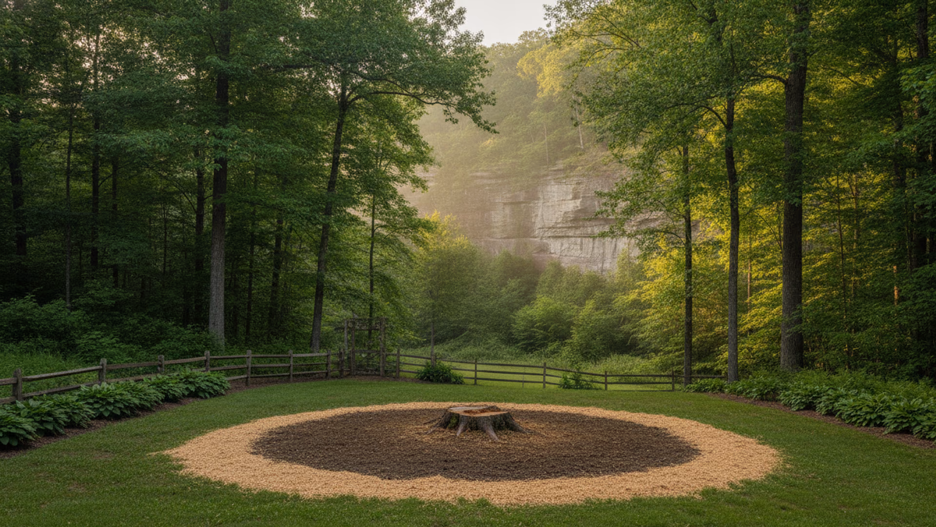 Fresh ground-flush stump with raked earth and wood-chip ring where a hazardous tree once stood
